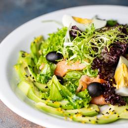 salad with salmon and avocado and mascarpone mousse